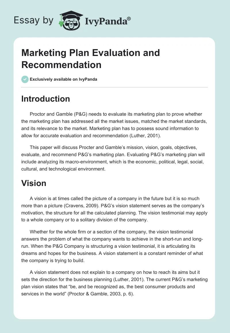 Marketing Plan Evaluation and Recommendation. Page 1