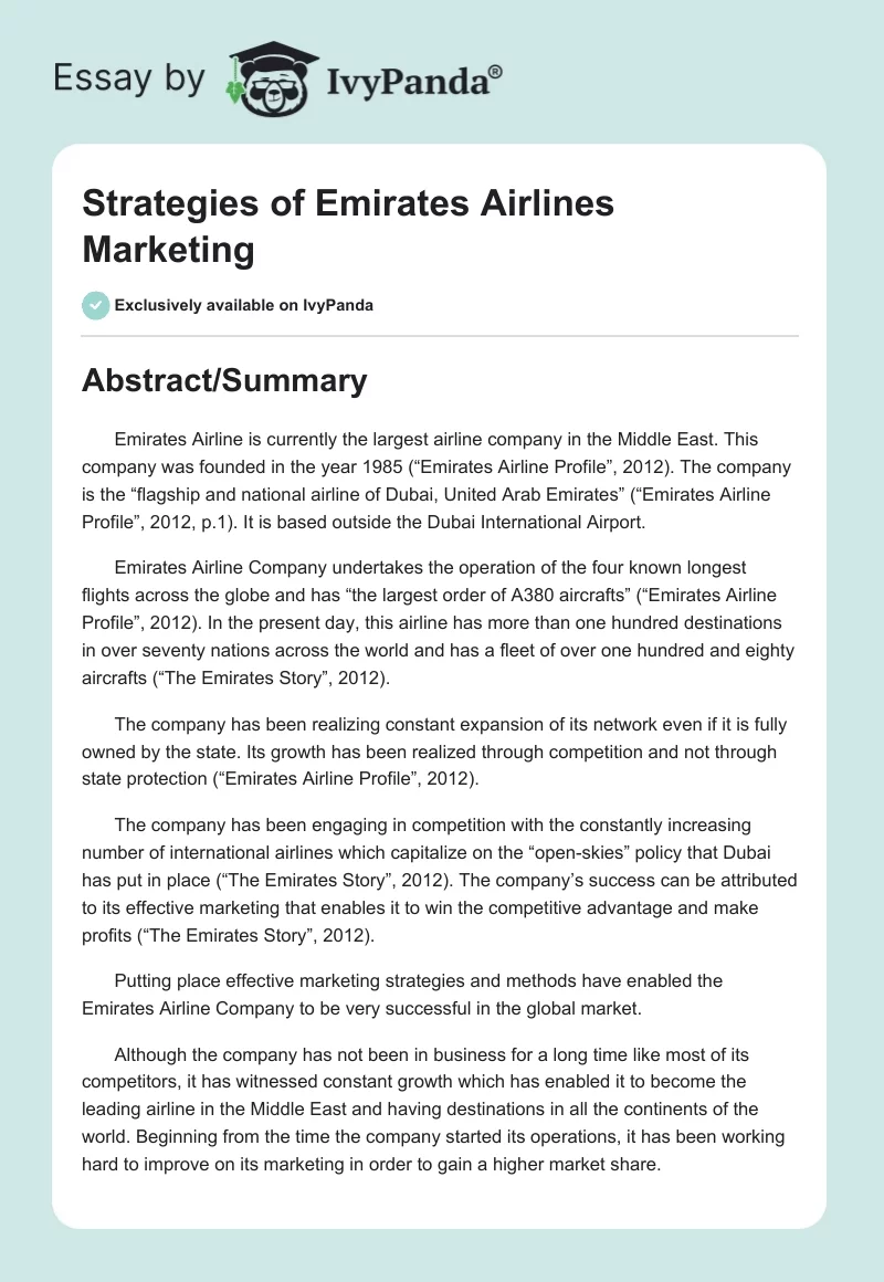 Strategies of Emirates Airlines Marketing. Page 1
