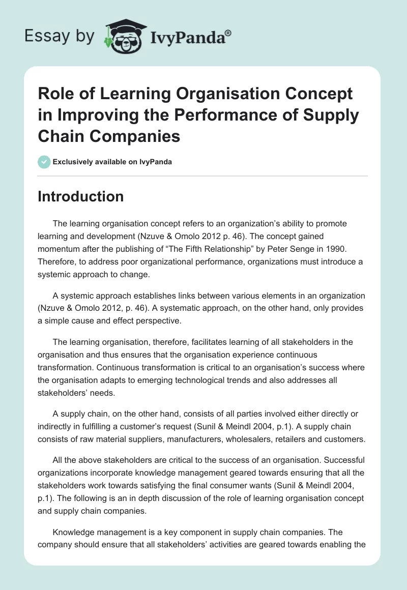 Role of Learning Organisation Concept in Improving the Performance of Supply Chain Companies. Page 1