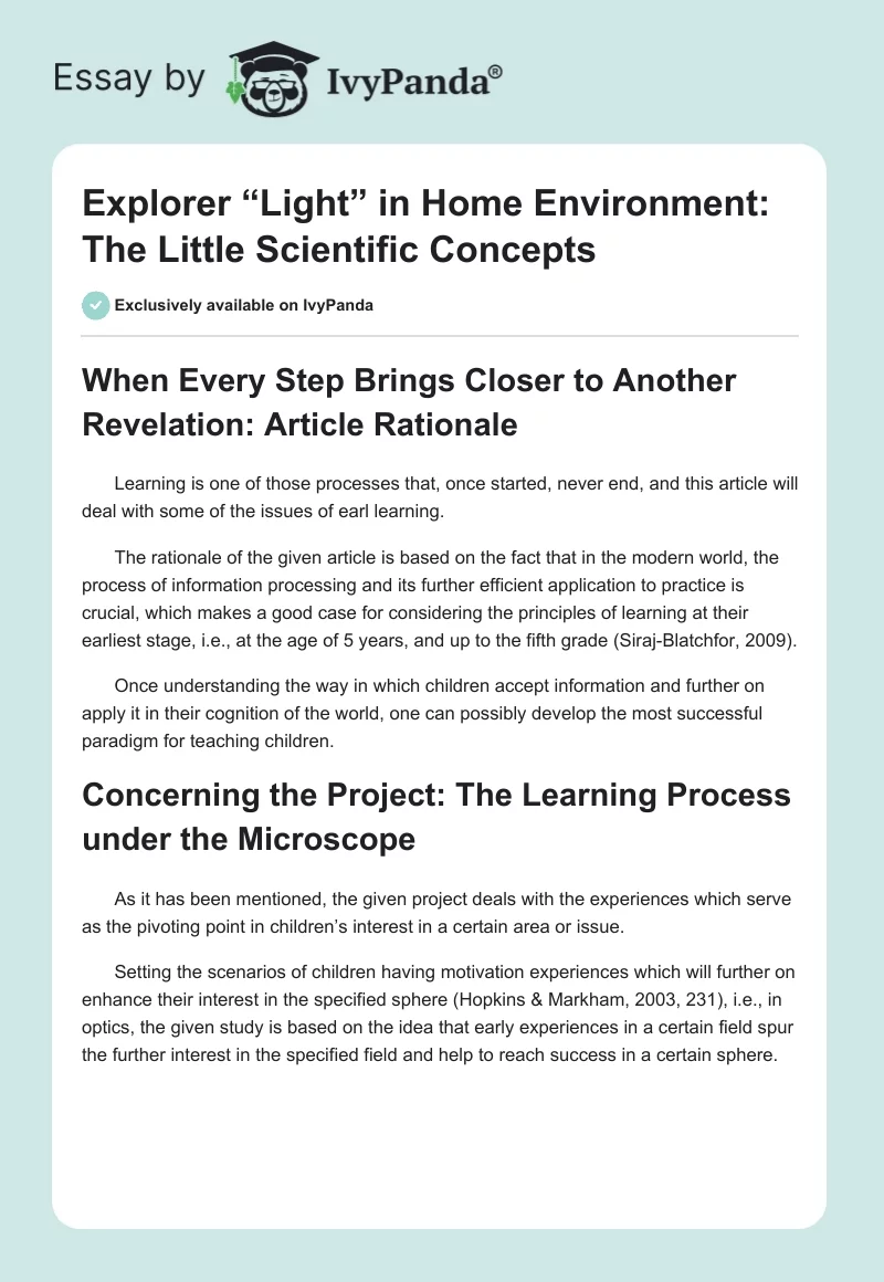 Explorer “Light” in Home Environment: The Little Scientific Concepts. Page 1