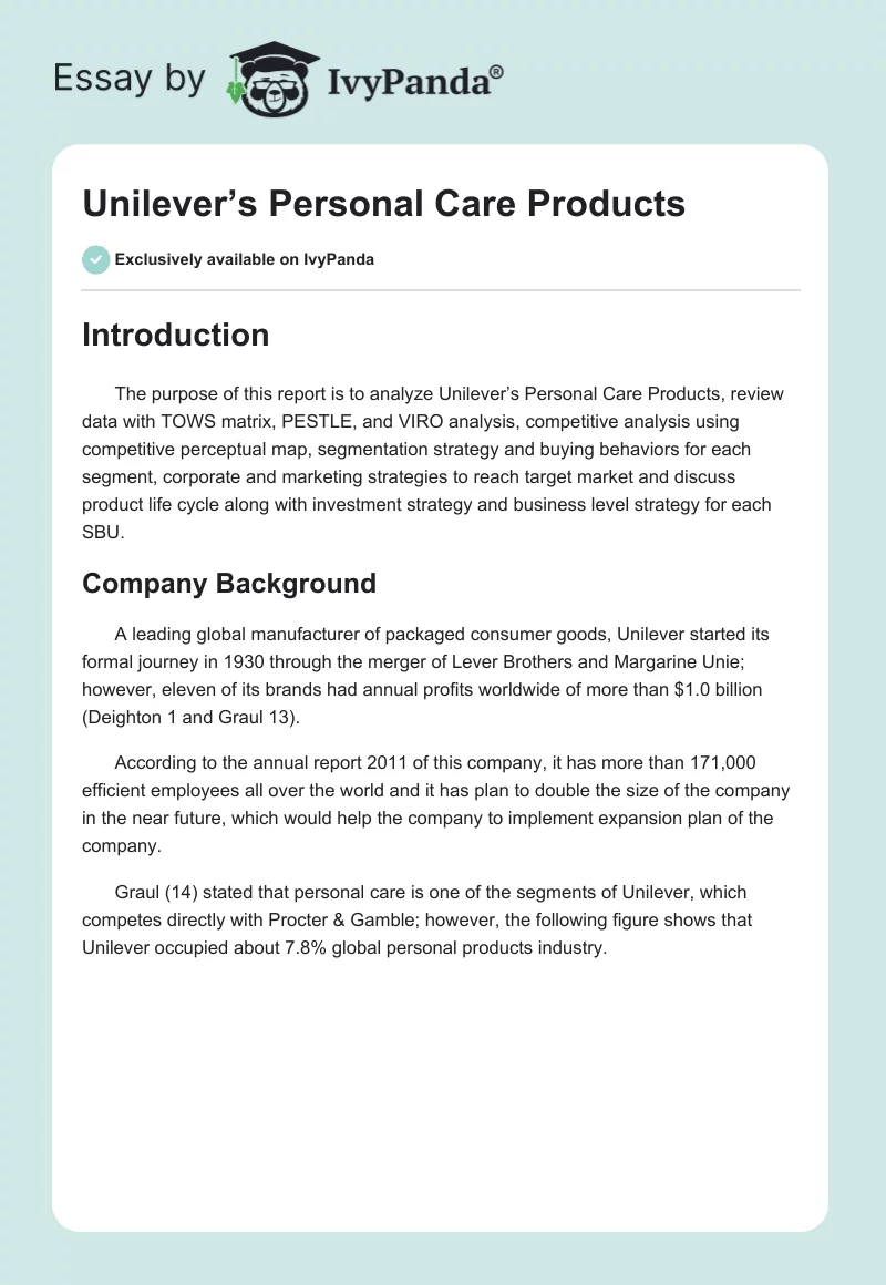 Unilever’s Personal Care Products. Page 1