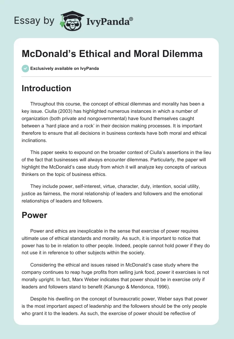 McDonald’s Ethical and Moral Dilemma. Page 1