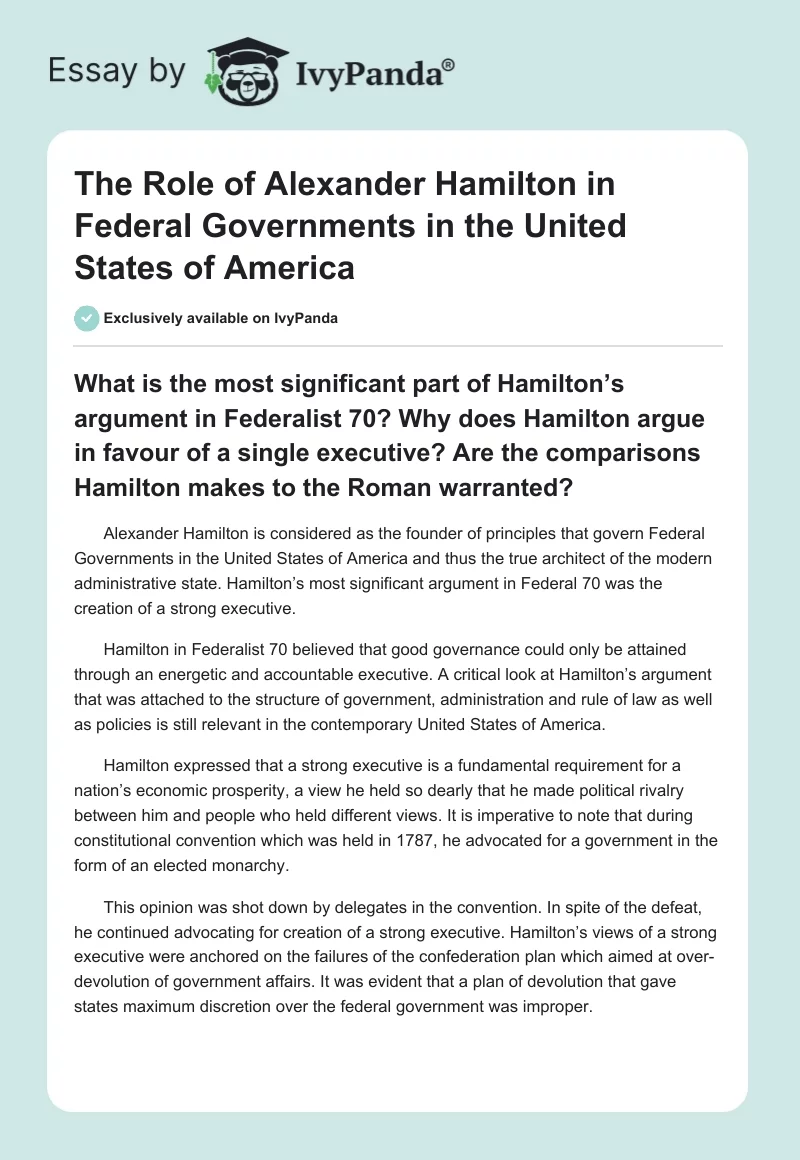 The Role of Alexander Hamilton in Federal Governments in the United States of America. Page 1