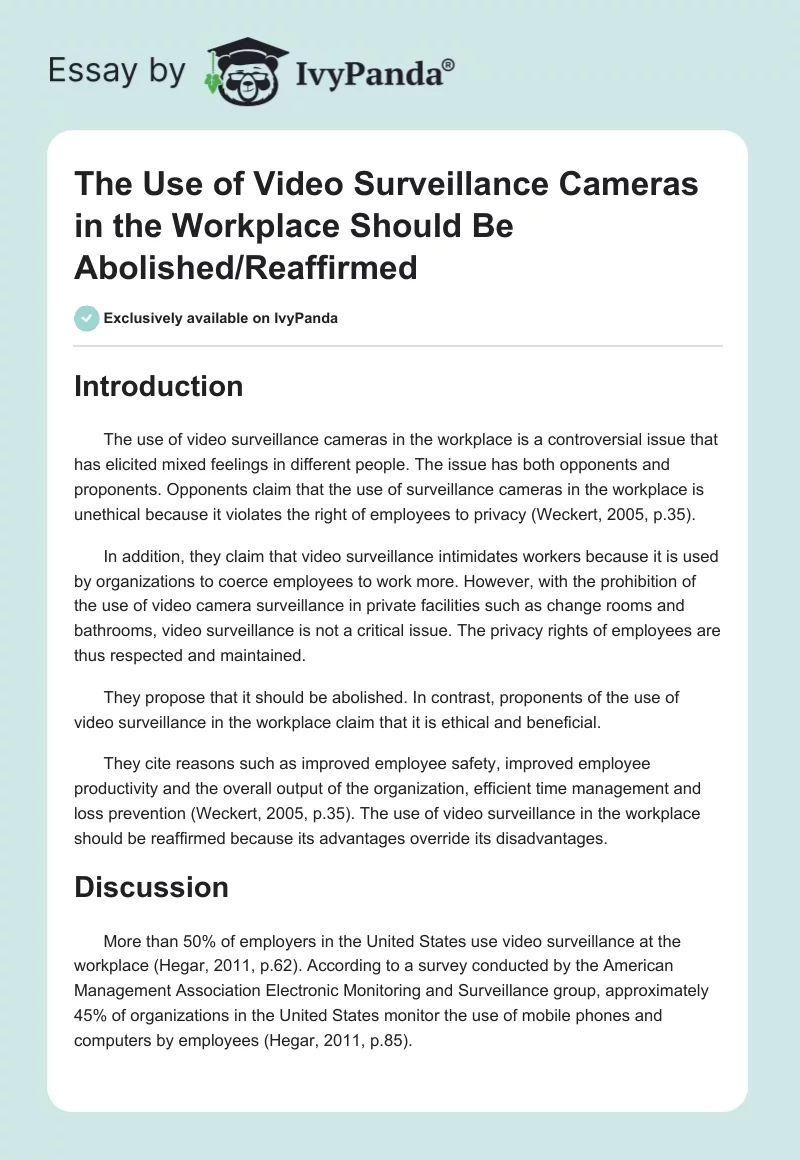 The Use of Video Surveillance Cameras in the Workplace Should Be Abolished/Reaffirmed. Page 1