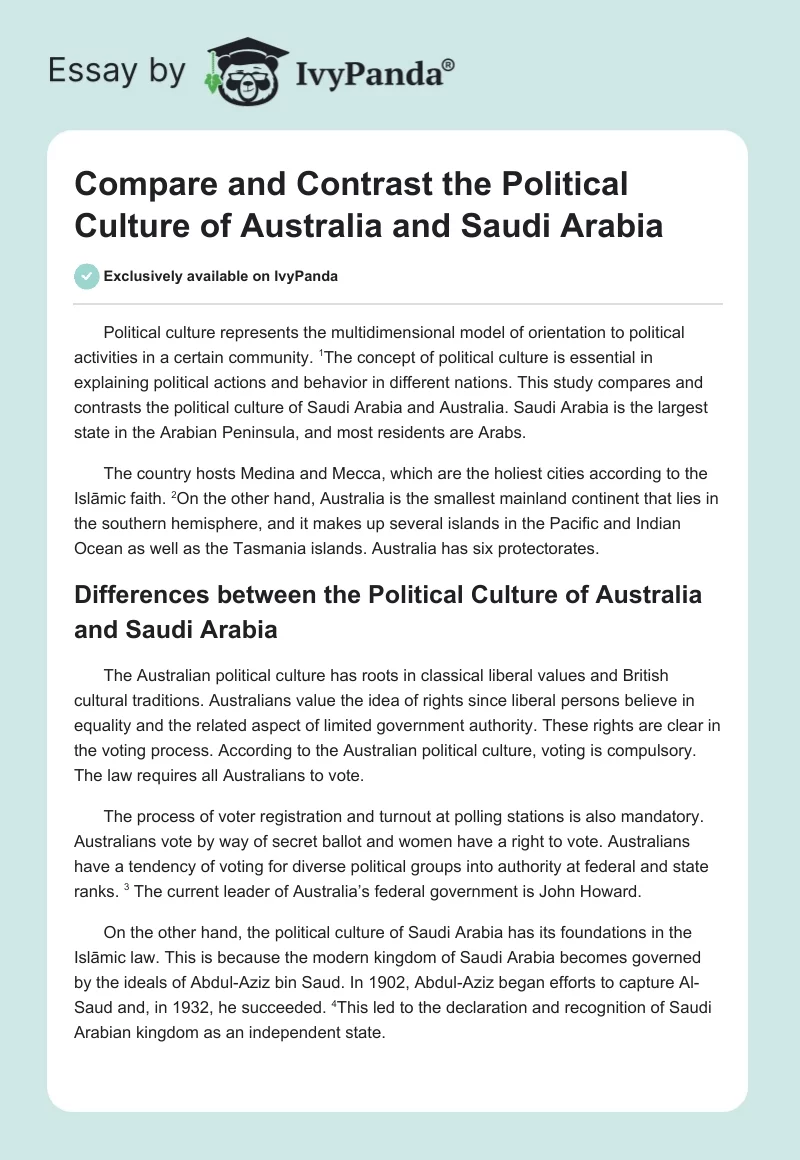 Compare and Contrast the Political Culture of Australia and Saudi Arabia. Page 1