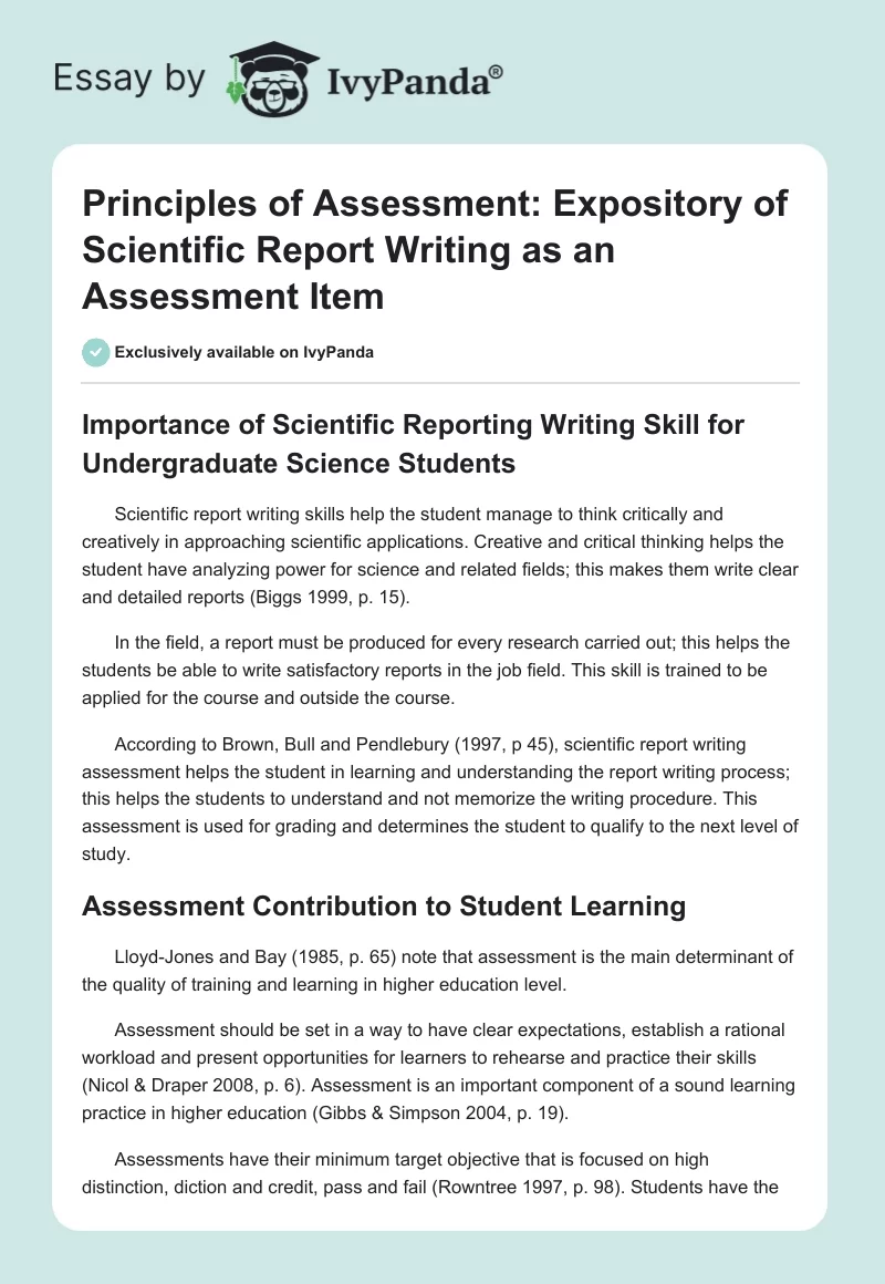 Principles of Assessment: Expository of Scientific Report Writing as an Assessment Item. Page 1