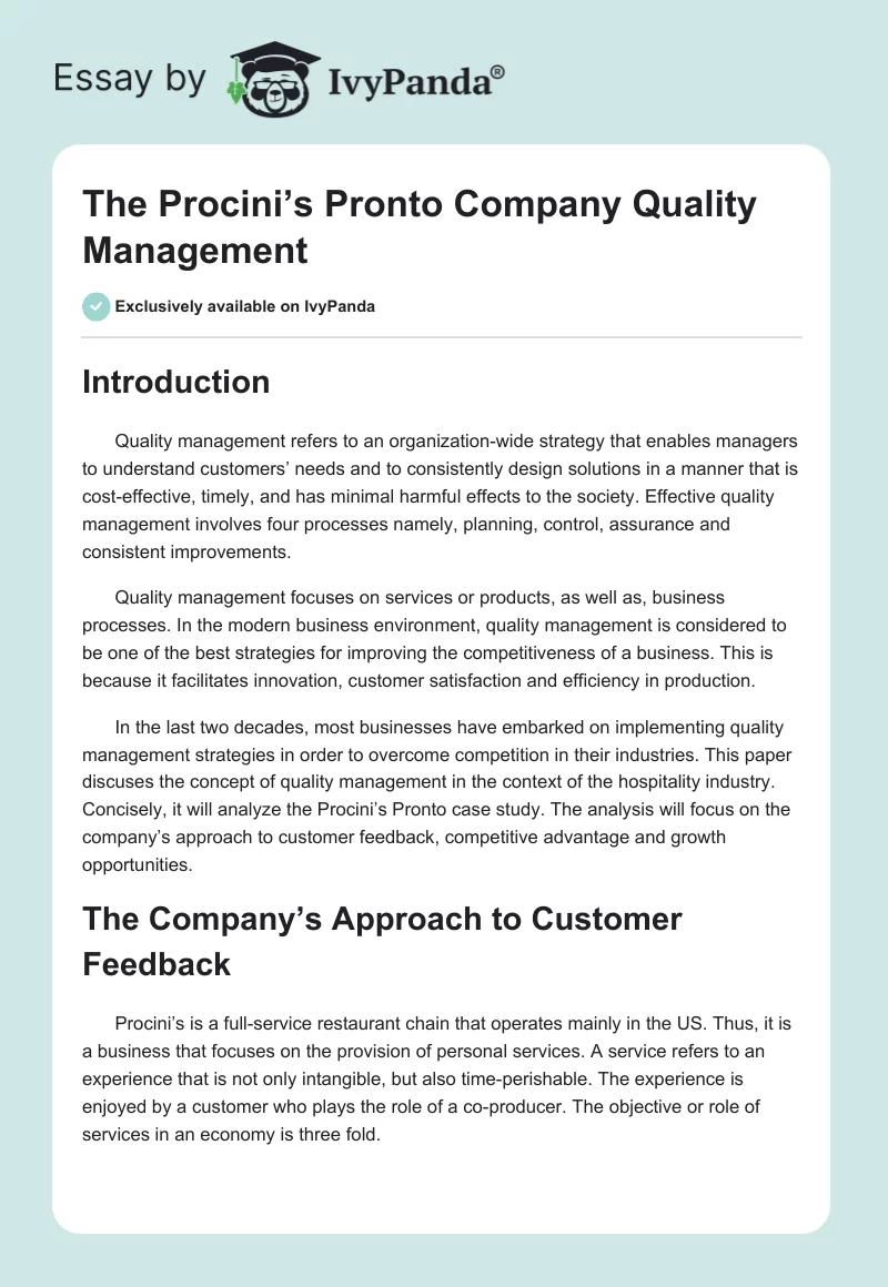 The Procini’s Pronto Company Quality Management. Page 1