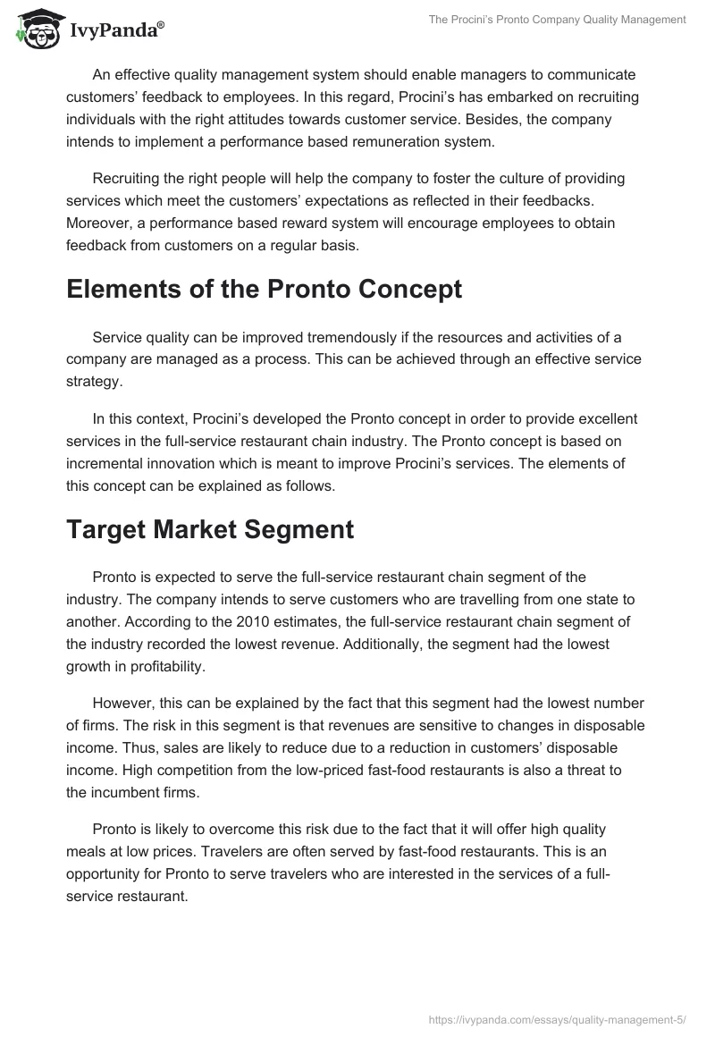 The Procini’s Pronto Company Quality Management. Page 3