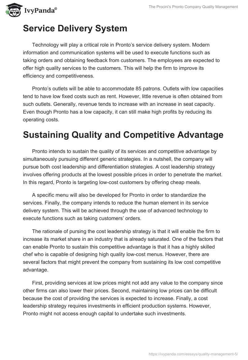 The Procini’s Pronto Company Quality Management. Page 5