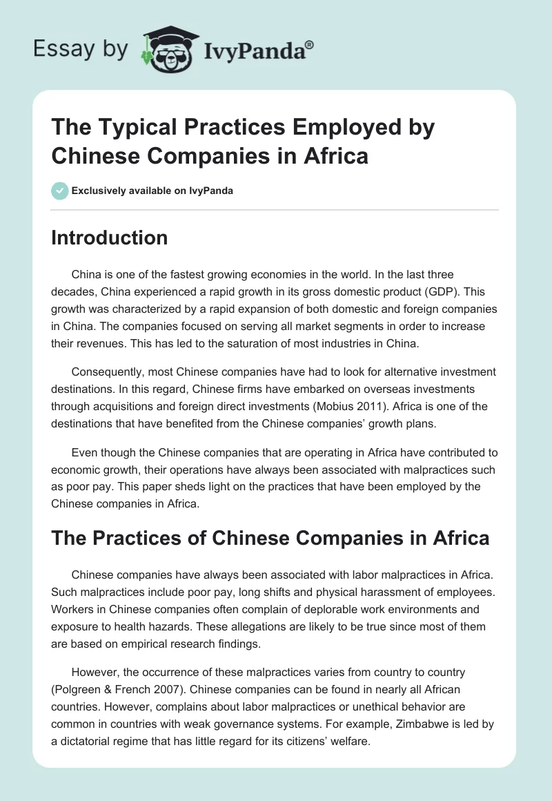 The Typical Practices Employed by Chinese Companies in Africa. Page 1