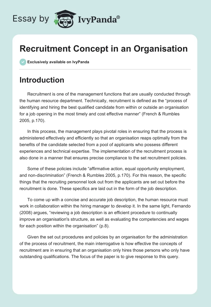 Recruitment Concept in an Organisation. Page 1