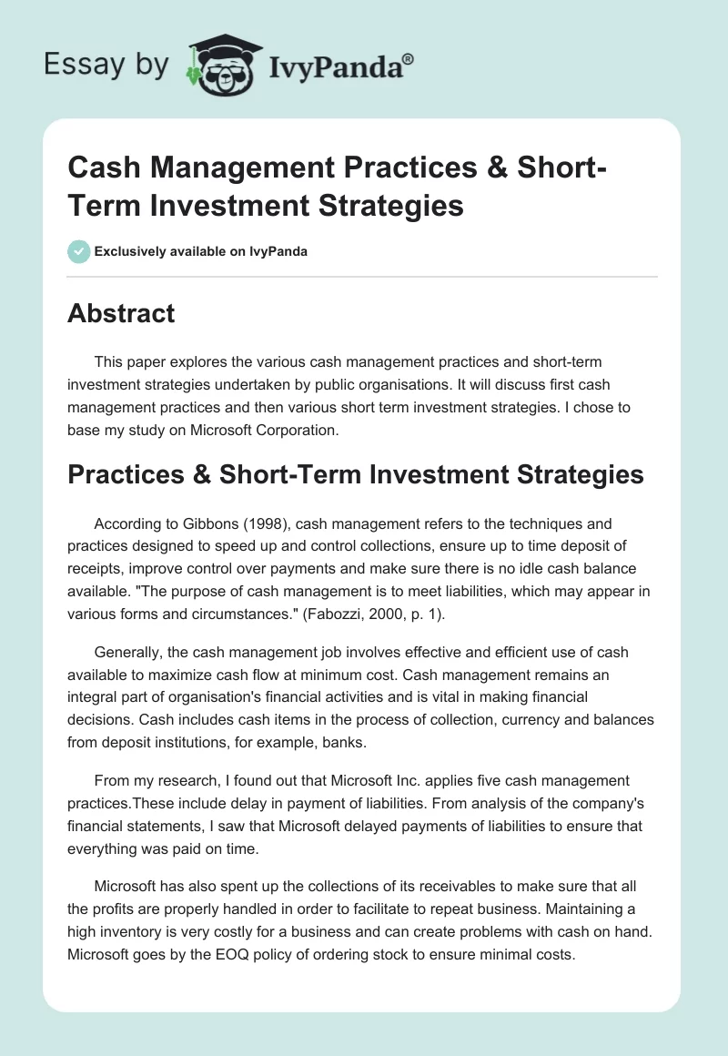 Cash Management Practices & Short-Term Investment Strategies. Page 1