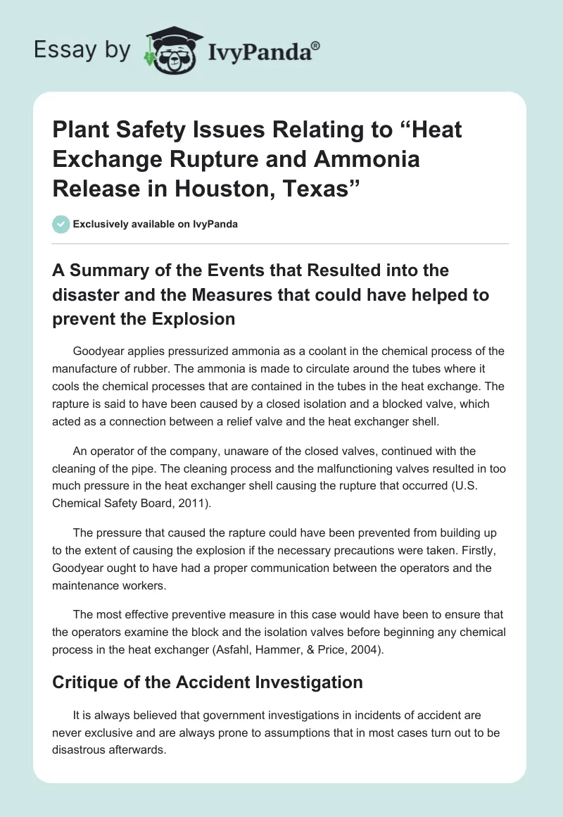 Plant Safety Issues Relating to “Heat Exchange Rupture and Ammonia Release in Houston, Texas”. Page 1