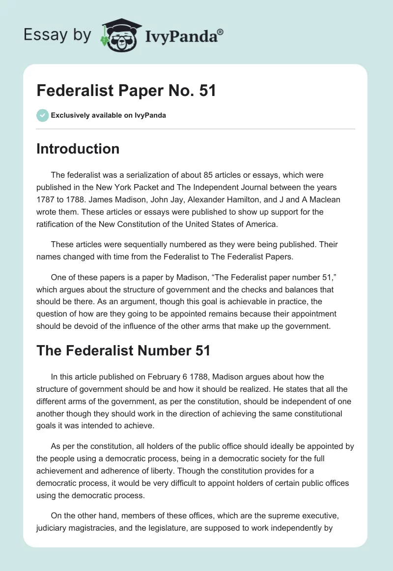 Federalist Paper No. 51. Page 1
