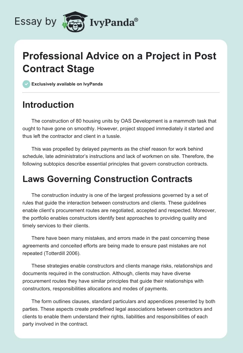 Professional Advice on a Project in Post Contract Stage. Page 1