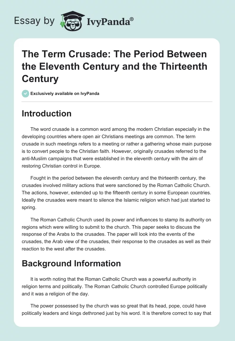 The Term Crusade: The Period Between the Eleventh Century and the Thirteenth Century. Page 1