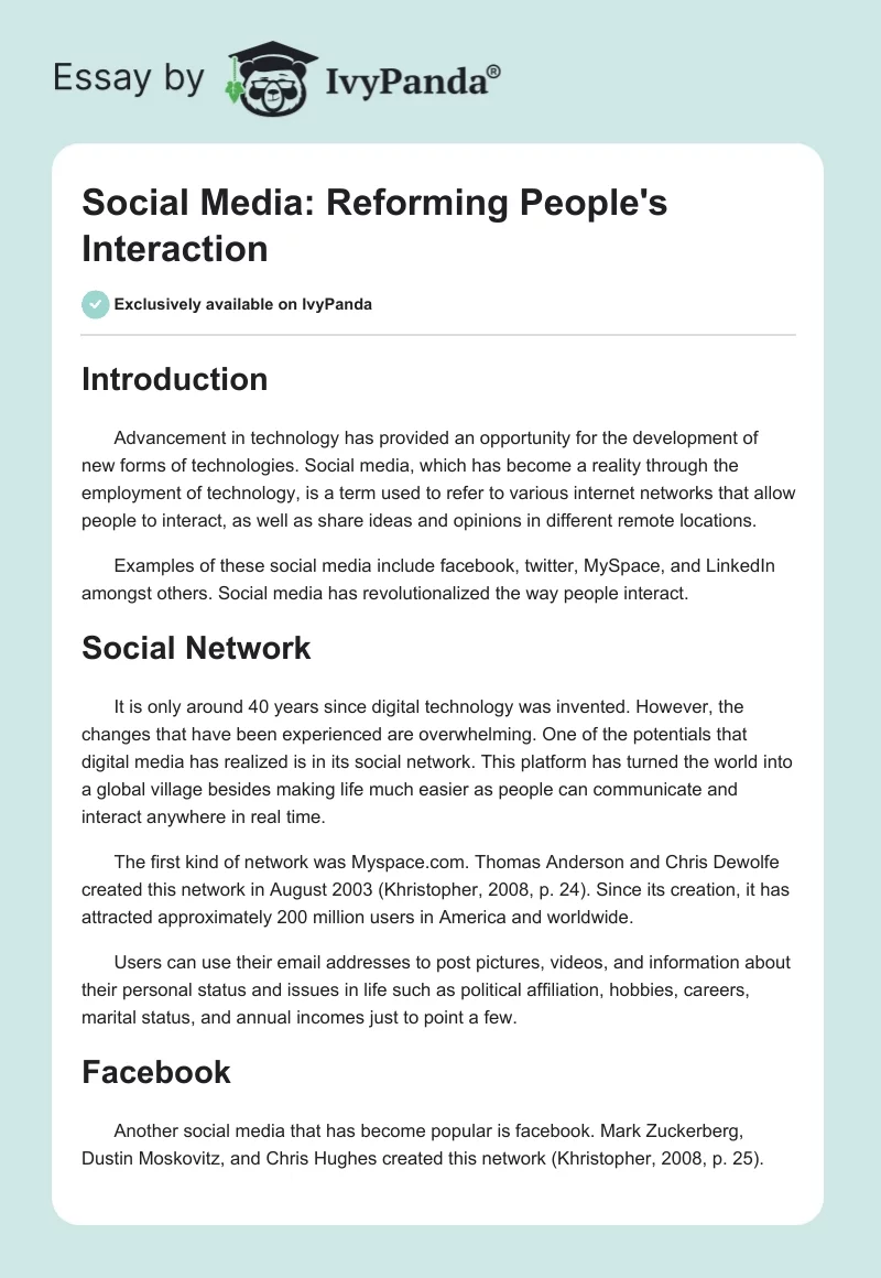Social Media: Reforming People's Interaction. Page 1