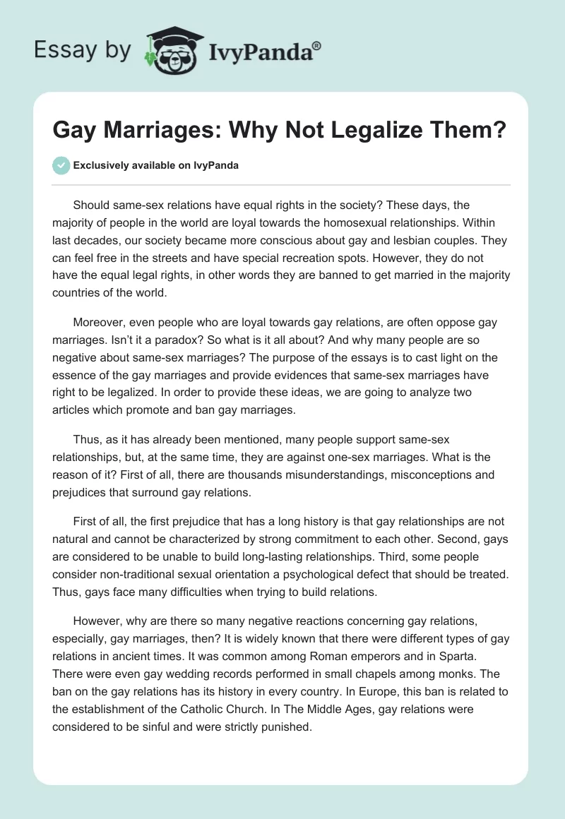 Gay Marriages: Why Not Legalize Them?. Page 1