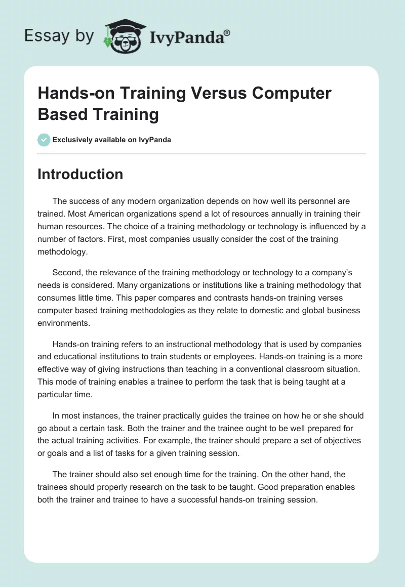 Hands-on Training Versus Computer Based Training. Page 1