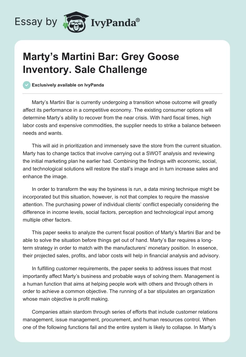 Marty’s Martini Bar: Grey Goose Inventory. Sale Challenge. Page 1