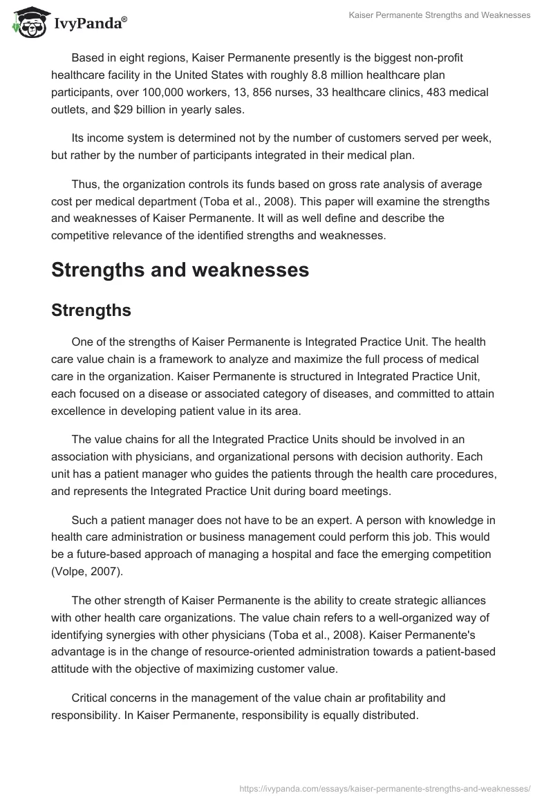 Kaiser Permanente Strengths and Weaknesses. Page 2