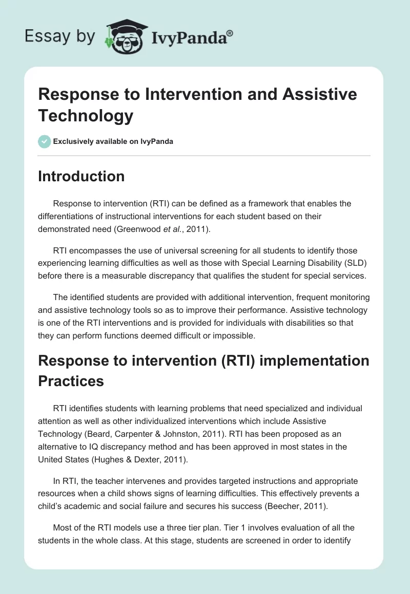 Response to Intervention and Assistive Technology. Page 1