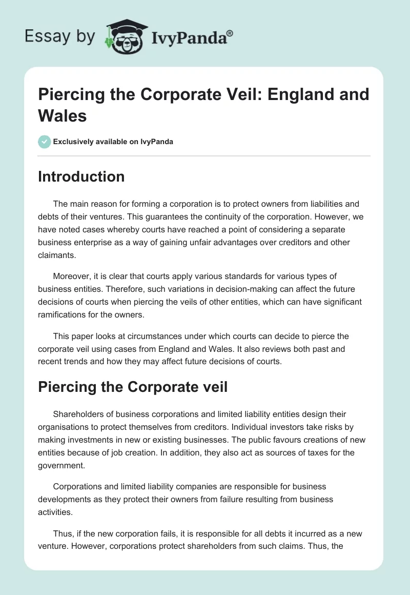 Piercing the Corporate Veil: England and Wales. Page 1