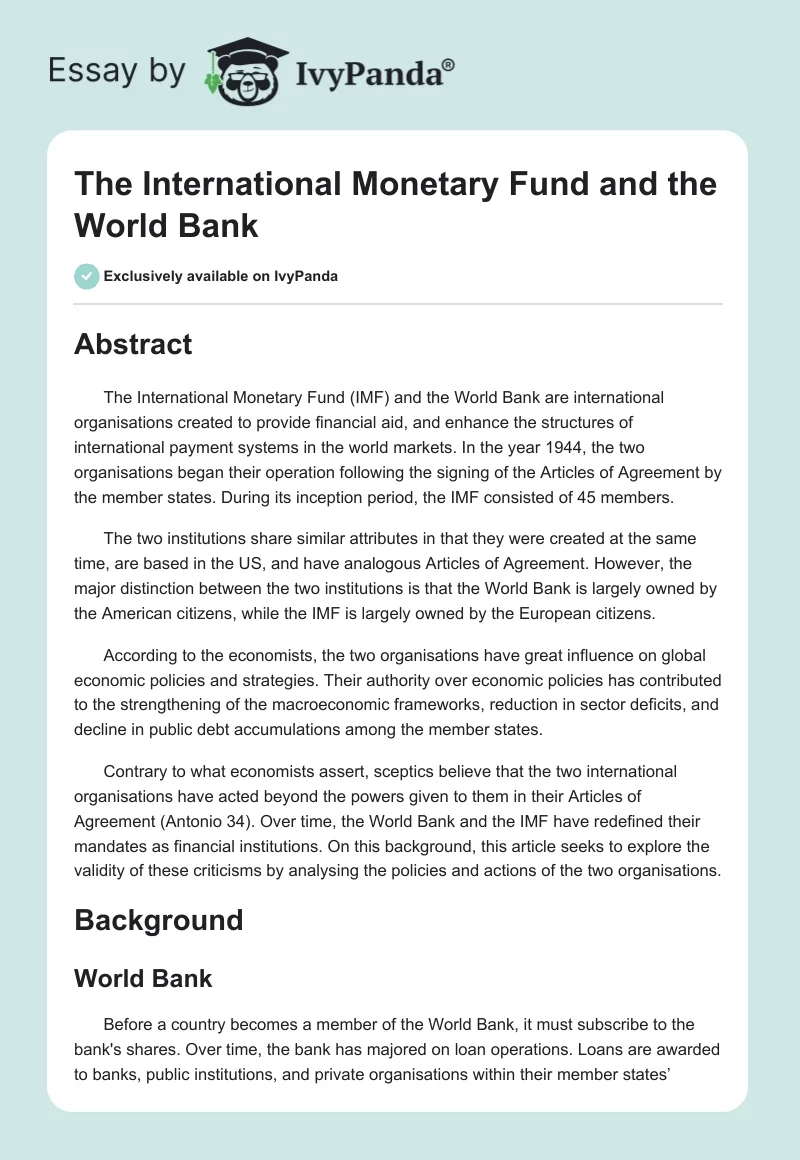 The International Monetary Fund and the World Bank. Page 1