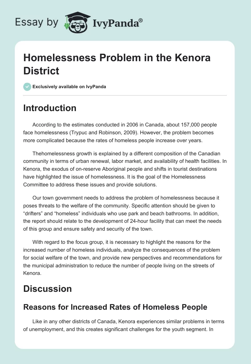 Homelessness Problem in the Kenora District. Page 1