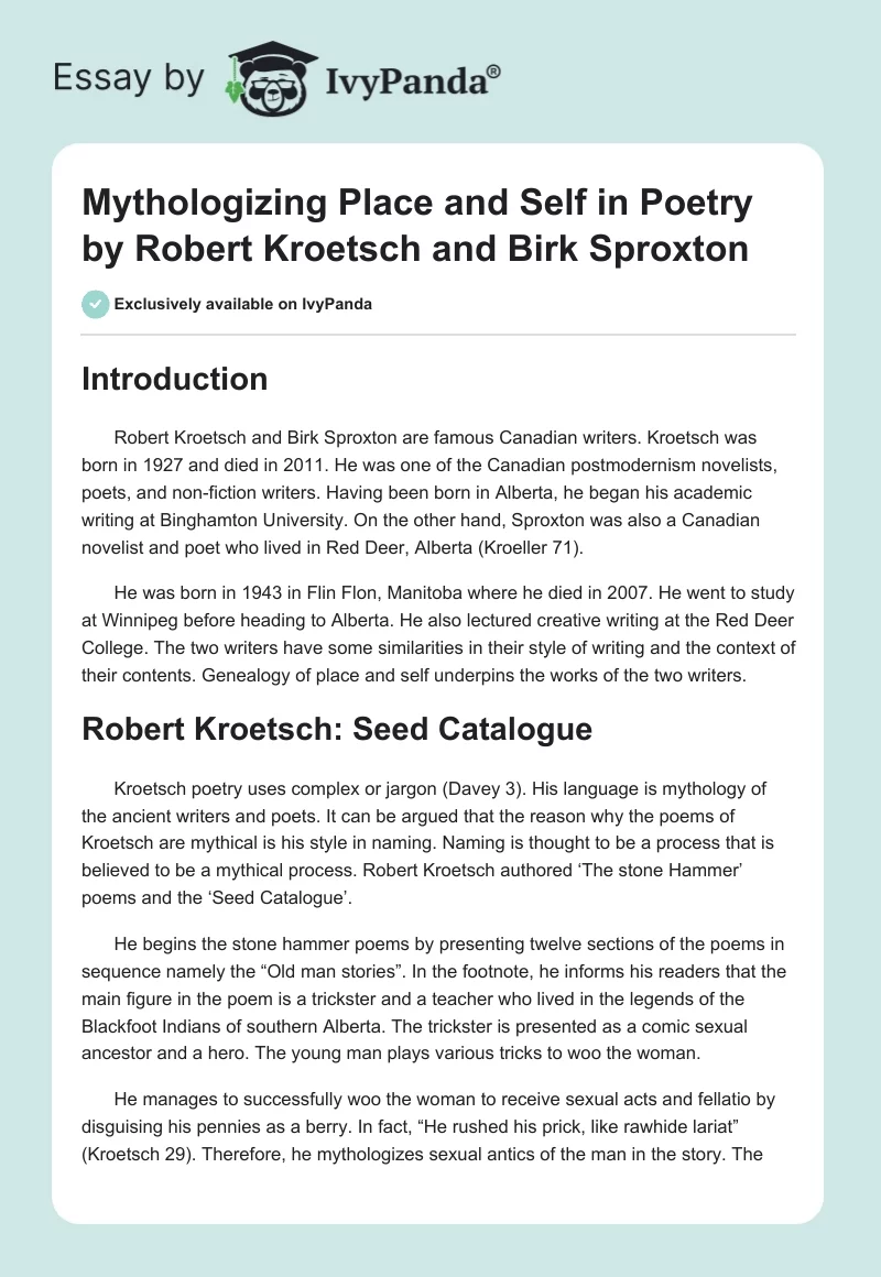 Mythologizing Place and Self in Poetry by Robert Kroetsch and Birk Sproxton. Page 1