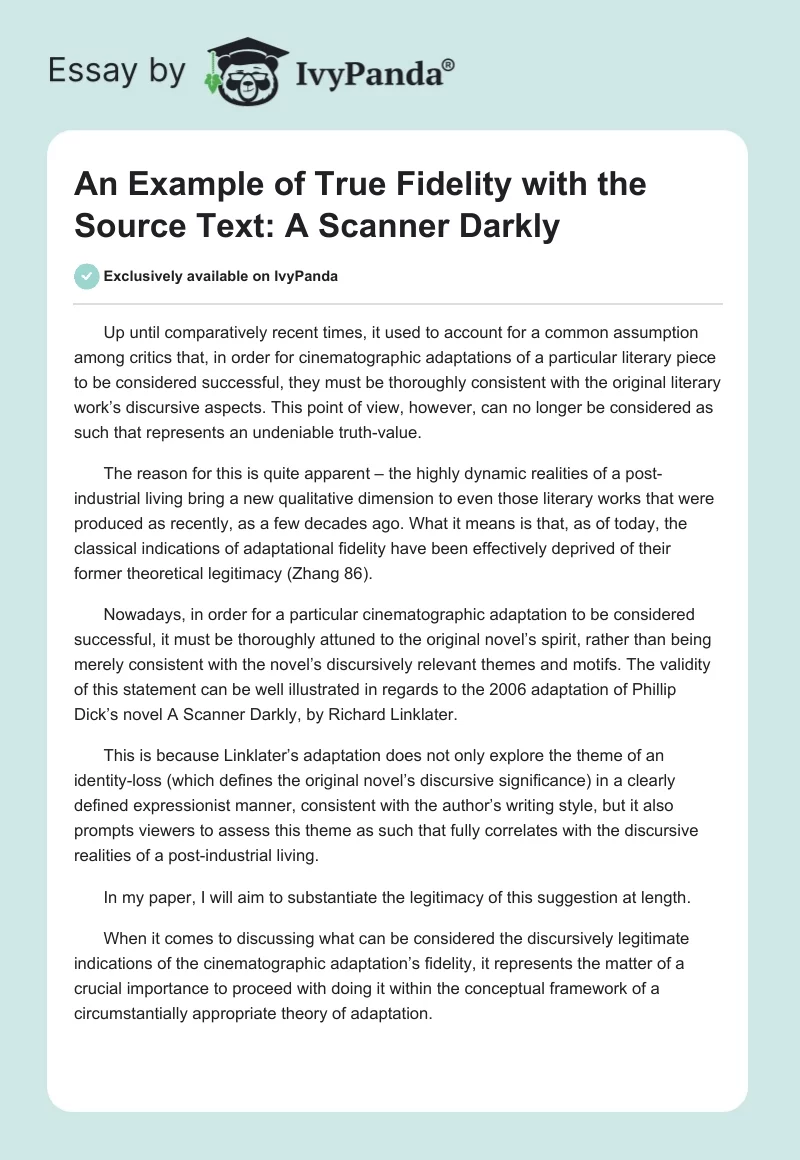An Example of True Fidelity with the Source Text: A Scanner Darkly. Page 1