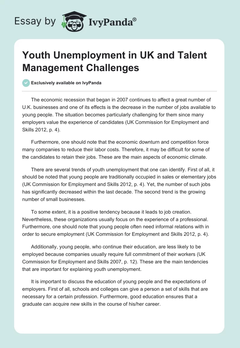 Youth Unemployment in UK and Talent Management Challenges. Page 1