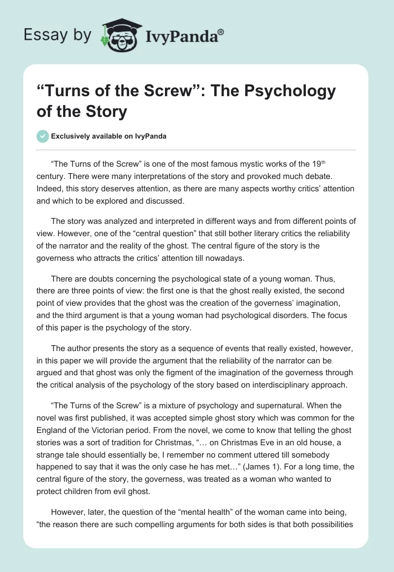 “Turns of the Screw”: The Psychology of the Story. Page 1