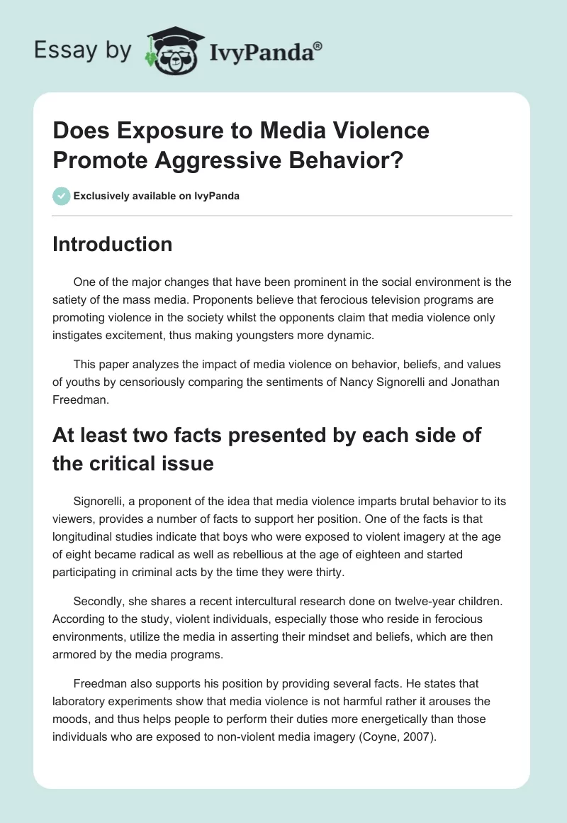 Does Exposure to Media Violence Promote Aggressive Behavior?. Page 1