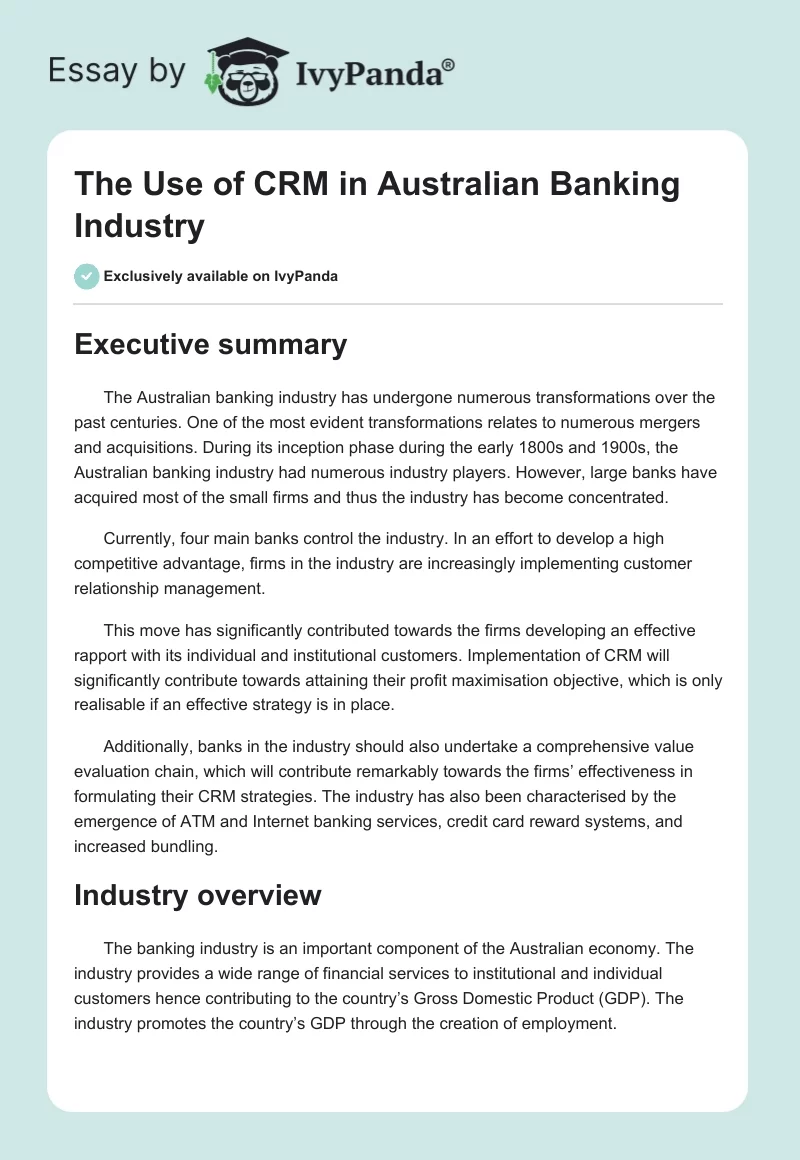 The Use of CRM in Australian Banking Industry. Page 1
