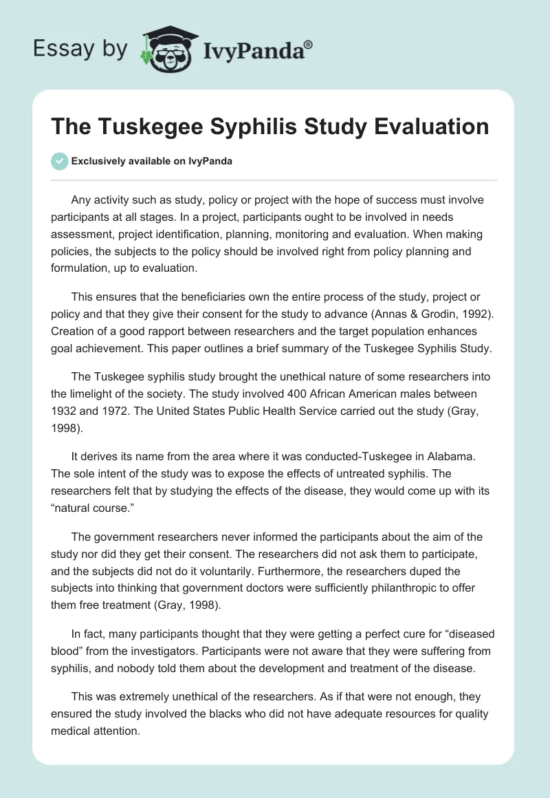 The Tuskegee Syphilis Study Evaluation. Page 1