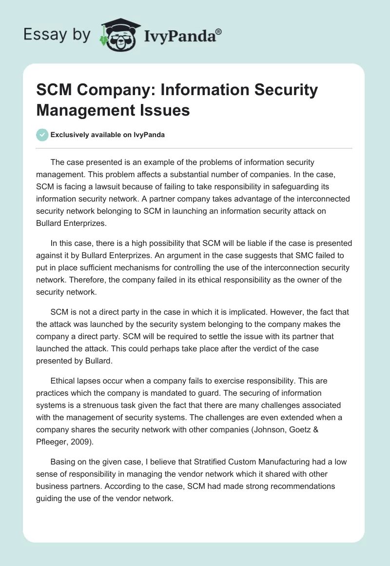 SCM Company: Information Security Management Issues. Page 1