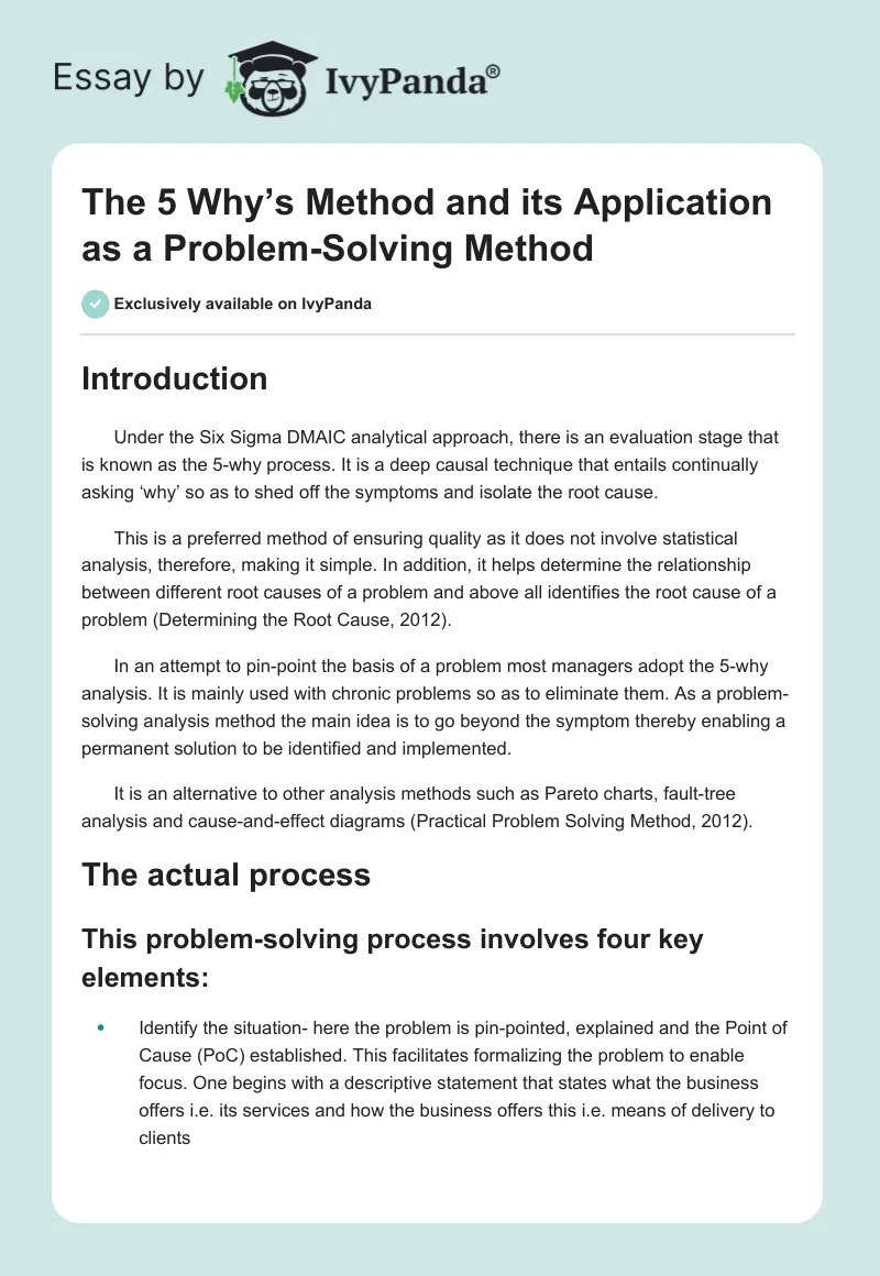 The 5 Why’s Method and its Application as a Problem-Solving Method. Page 1