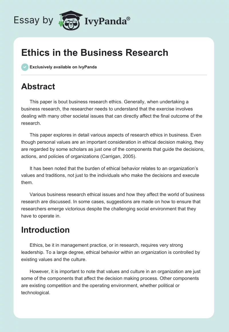 Ethics in the Business Research. Page 1