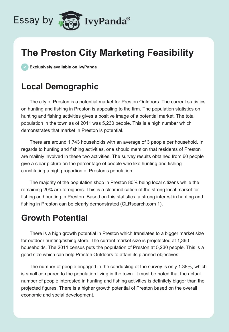 The Preston City Marketing Feasibility. Page 1