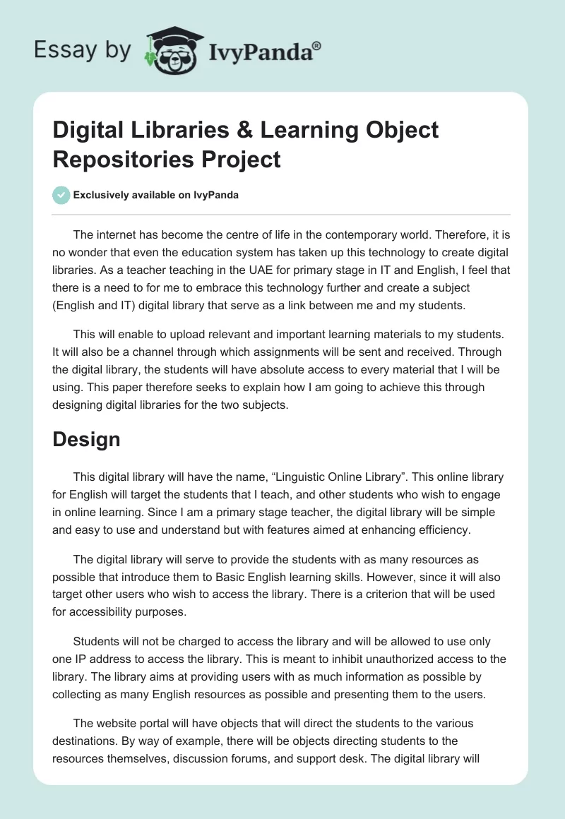 Digital Libraries & Learning Object Repositories Project. Page 1