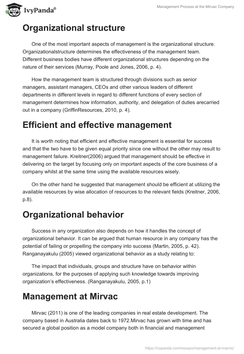 Management Process at the Mirvac Company. Page 2