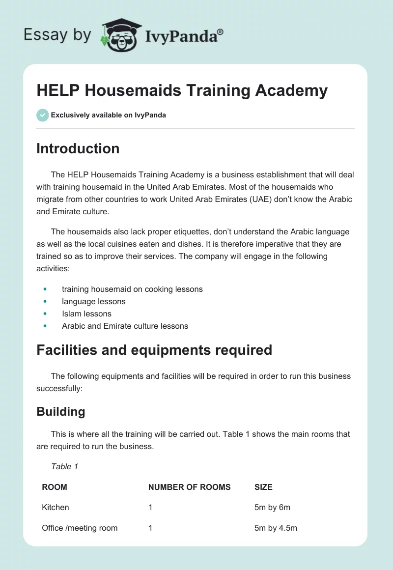 HELP Housemaids Training Academy. Page 1