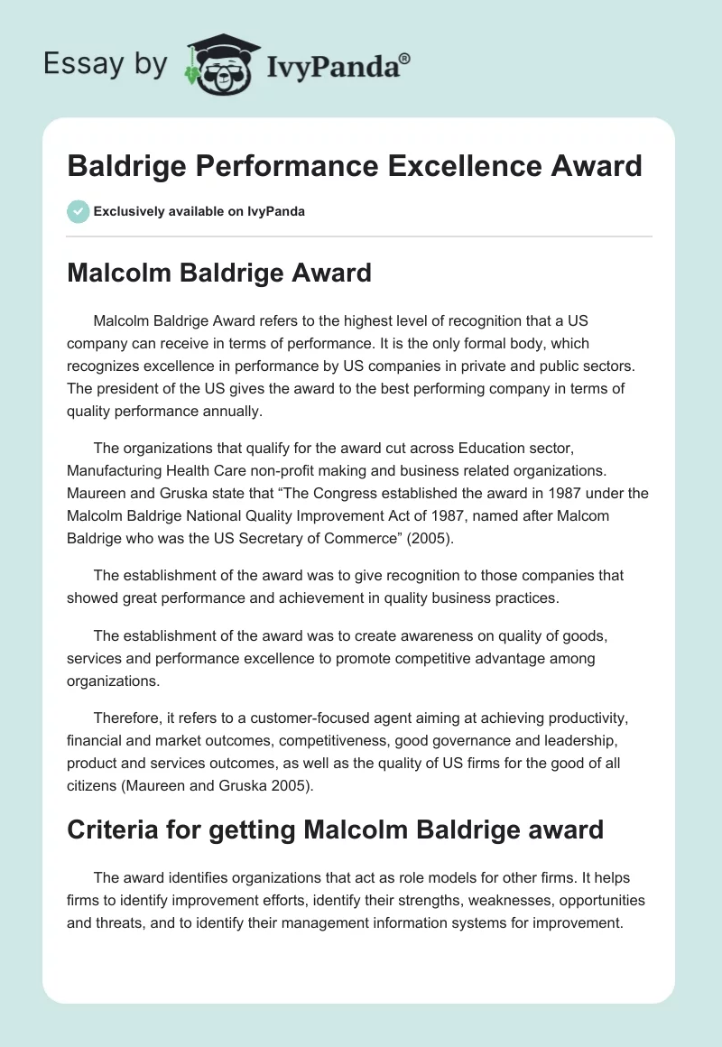 Baldrige Performance Excellence Award. Page 1