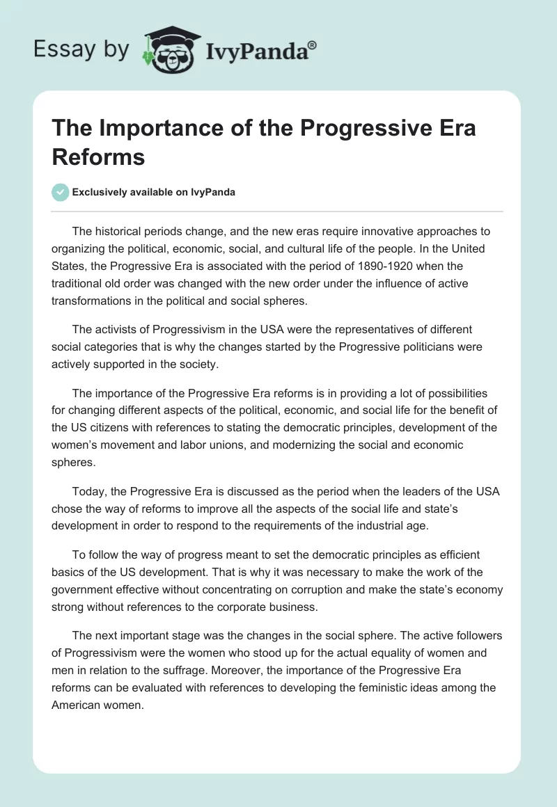 The Importance of the Progressive Era Reforms. Page 1