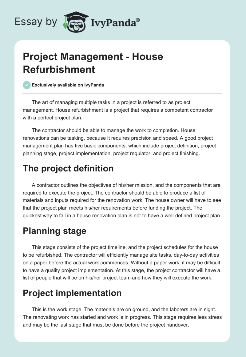 Project Management - House Refurbishment. Page 1
