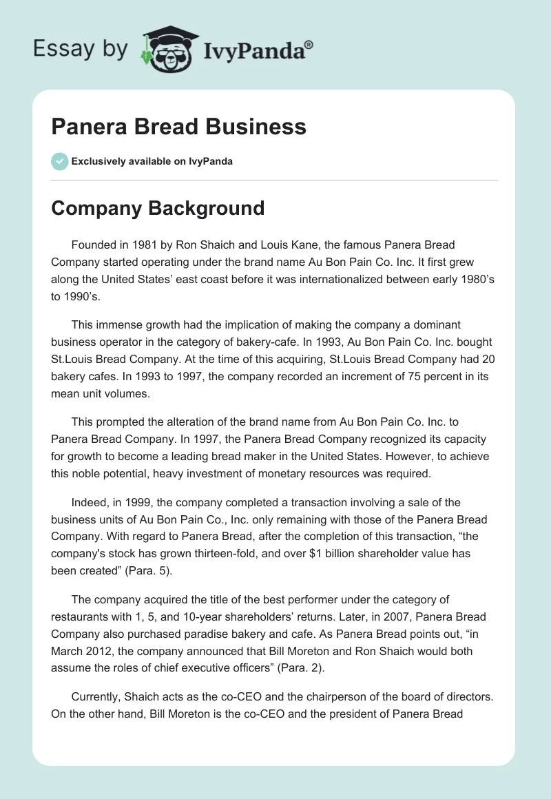 Panera Bread Business. Page 1