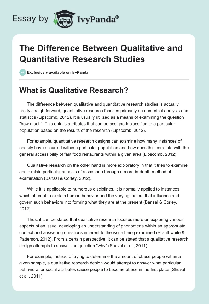 The Difference Between Qualitative and Quantitative Research Studies. Page 1