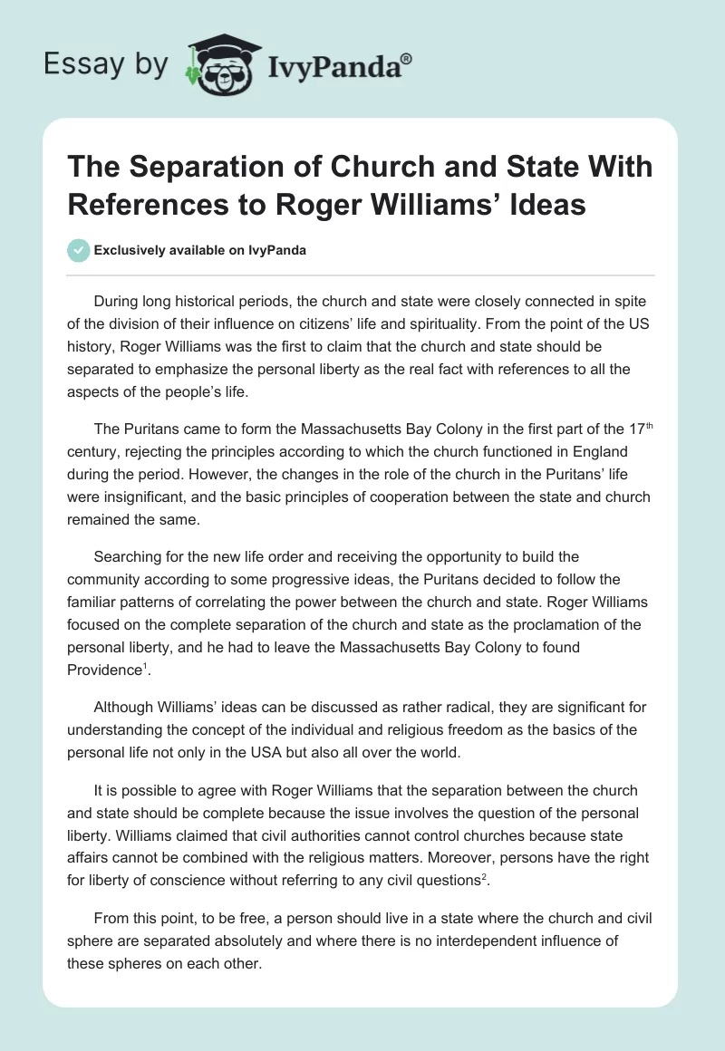 The Separation of Church and State With References to Roger Williams’ Ideas. Page 1