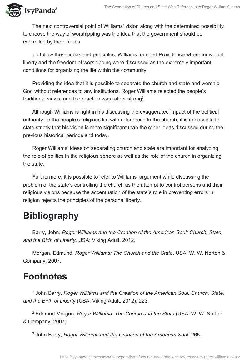 The Separation of Church and State With References to Roger Williams’ Ideas. Page 2